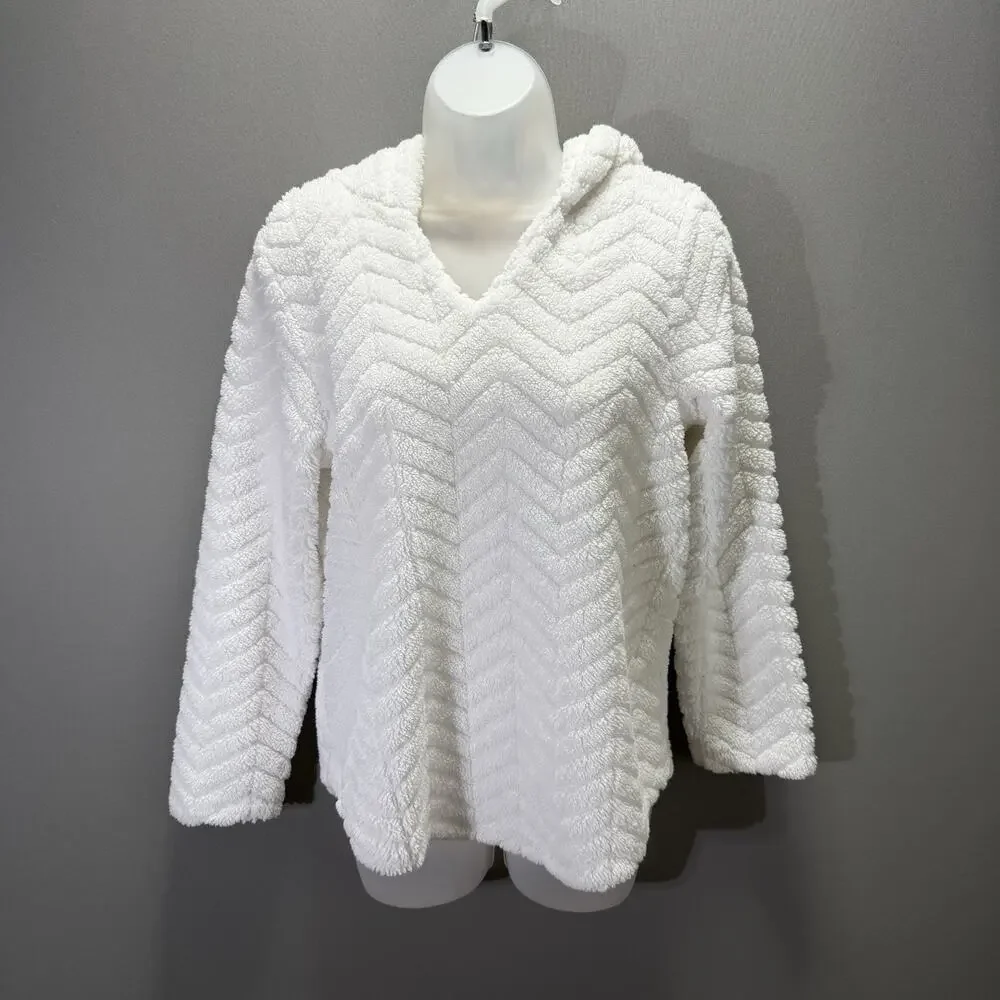 AuneLiege Women’s Medium White Sherpa Hoodie Pullover Chevron Plush Cozy